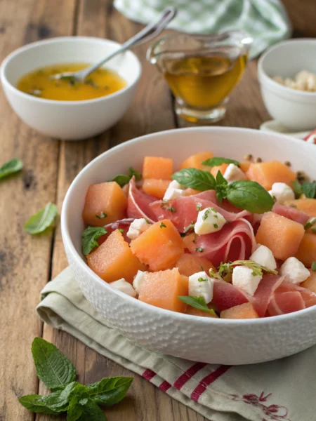 Cantaloupe summer salad photo of vibrant orange melon, prosciutto, mozzarella, mint in rustic bowl with honey-lime dressing.