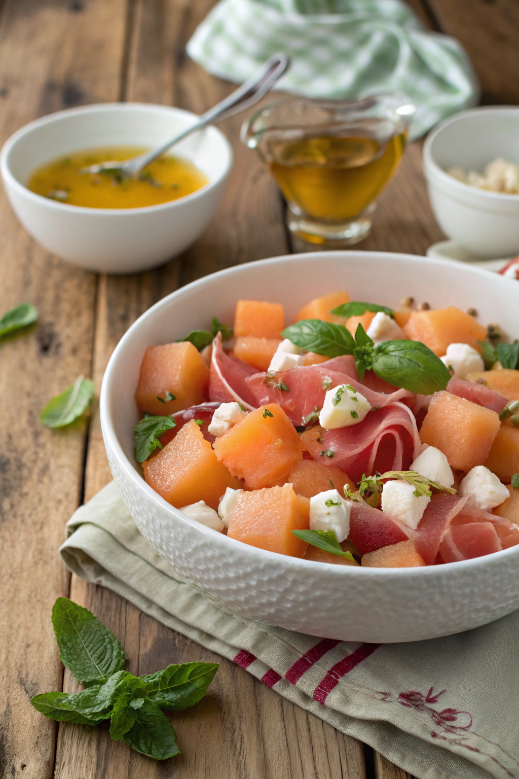 Cantaloupe summer salad photo of vibrant orange melon, prosciutto, mozzarella, mint in rustic bowl with honey-lime dressing.