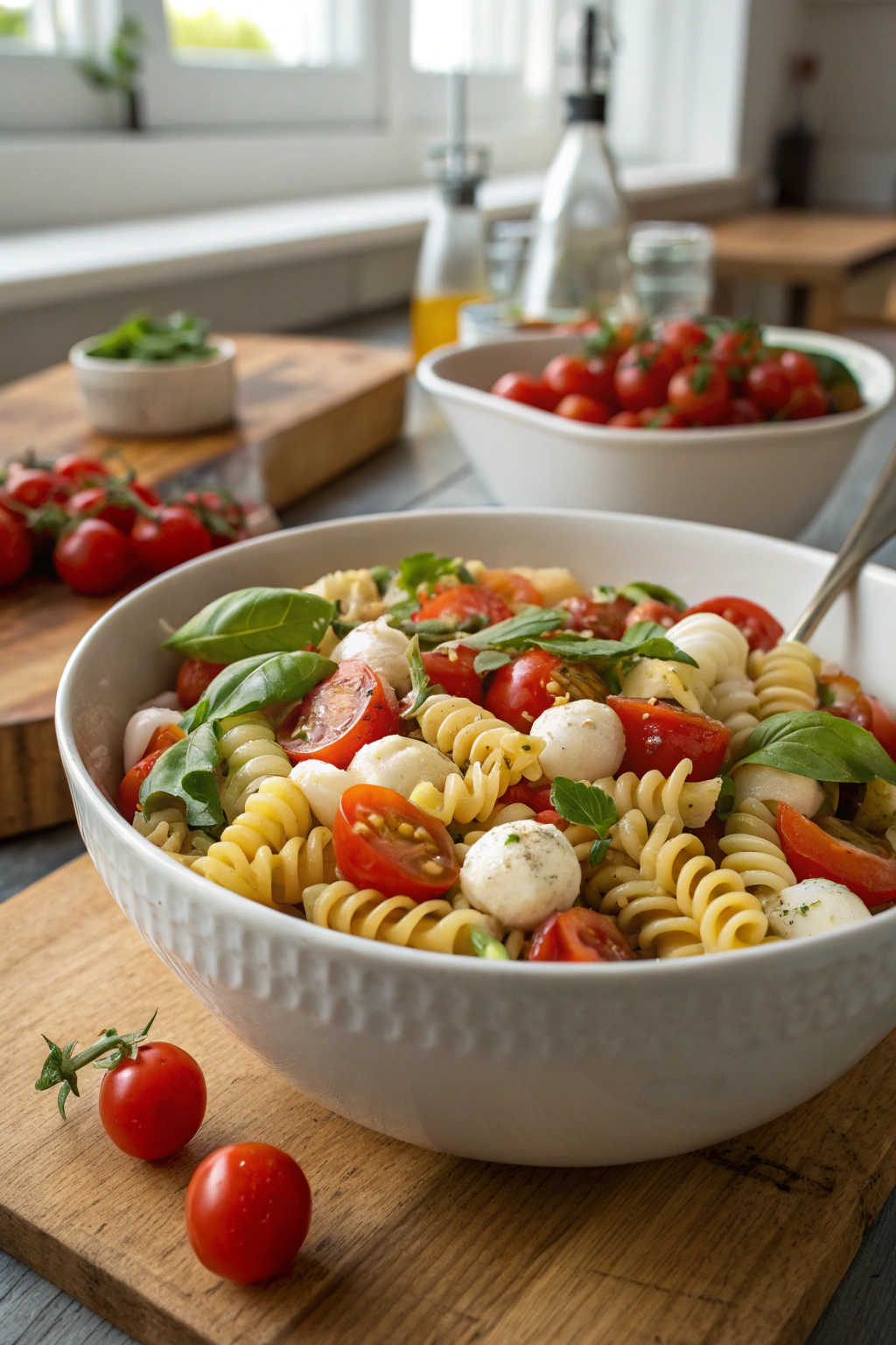 Caprese Pasta Salad with spiral pasta, cherry tomatoes, mozzarella pearls, and basil in a rustic serving bowl on a wooden table.