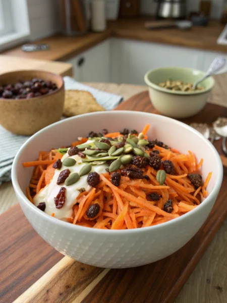 Carrot raisin salad recipe with vibrant orange carrots, chewy raisins, and creamy dressing in a white bowl on a wooden table.