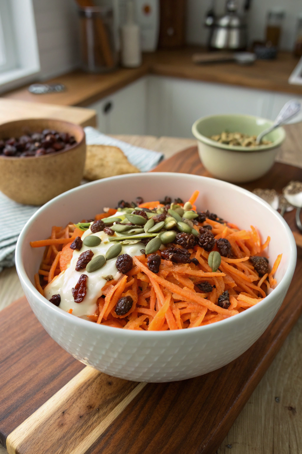 Carrot raisin salad recipe with vibrant orange carrots, chewy raisins, and creamy dressing in a white bowl on a wooden table.
