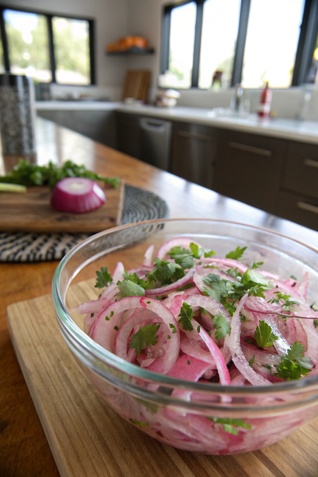 Cebolla Ensalada recipe featuring fresh pickled onions and cilantro in glass bowl on rustic wood table - traditional Mexican appetizer preparation