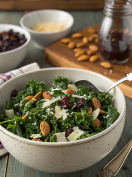 Chick fil a kale salad recipe with massaged kale, cherries, almonds in a white ceramic bowl on rustic wood table, glistening leaves.
