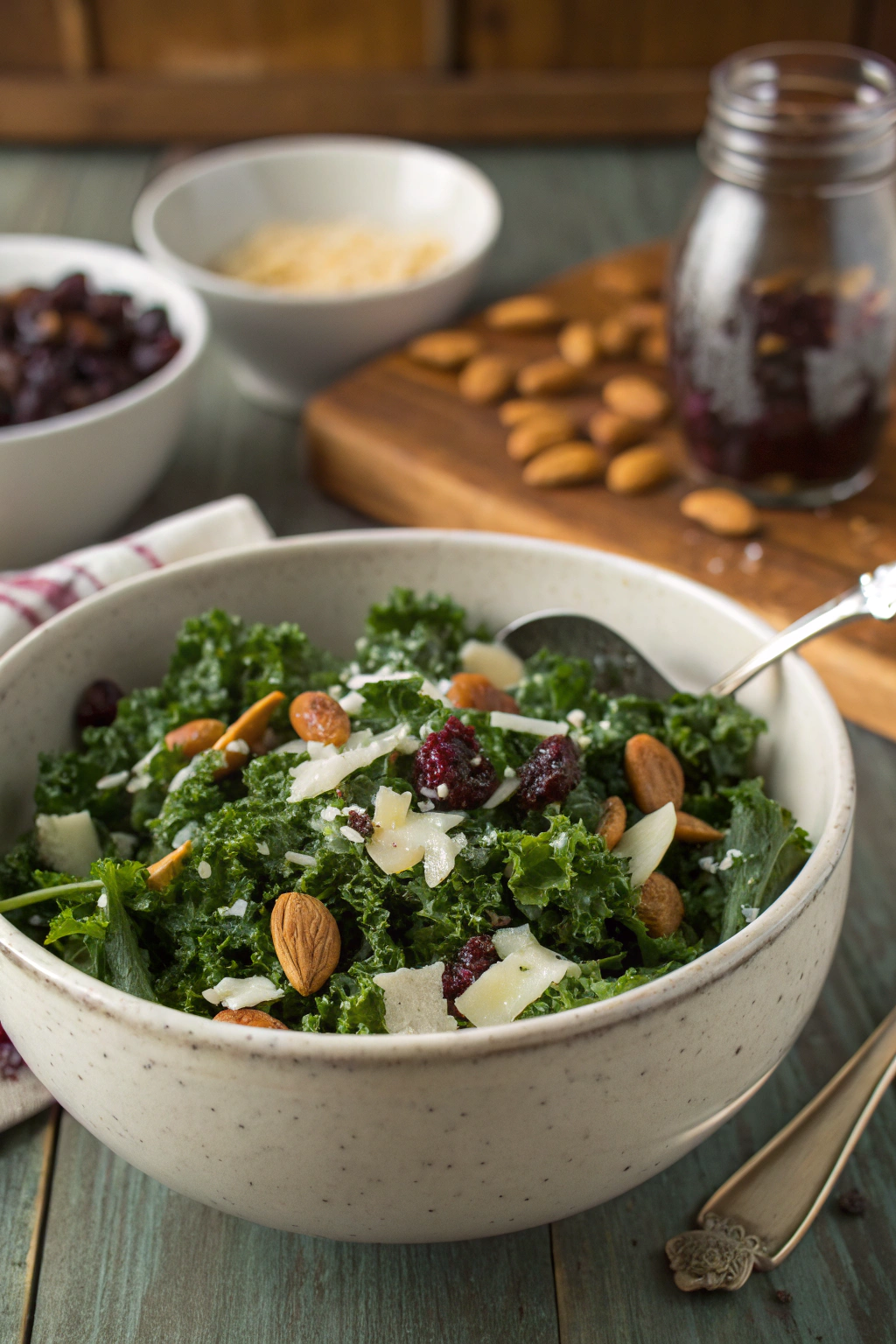 Chick fil a kale salad recipe with massaged kale, cherries, almonds in a white ceramic bowl on rustic wood table, glistening leaves.