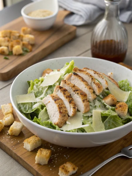 Chicken caesar salad with grilled chicken, crisp romaine, shaved parmesan and croutons artfully arranged in a white bowl