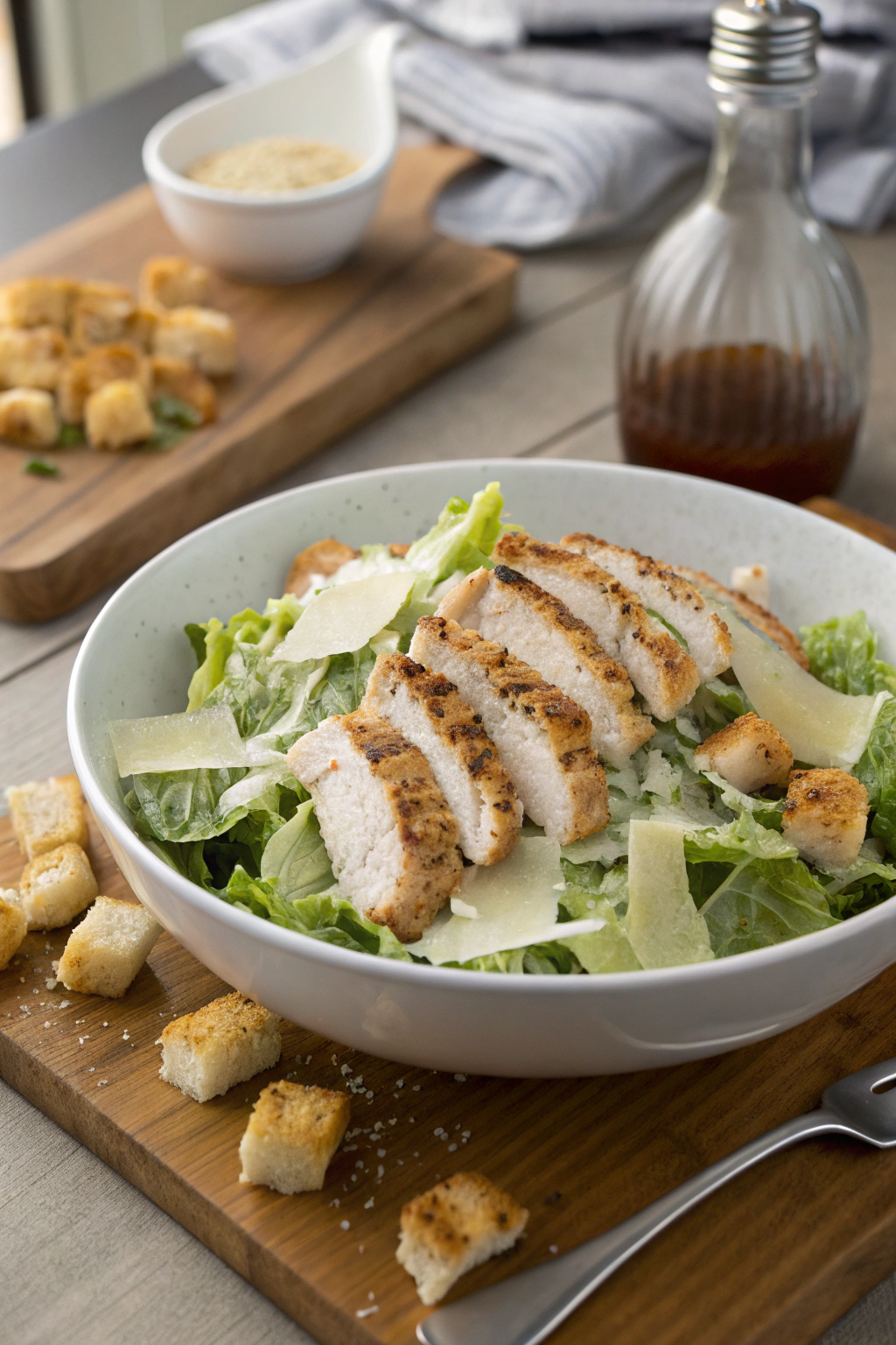 Chicken caesar salad with grilled chicken, crisp romaine, shaved parmesan and croutons artfully arranged in a white bowl