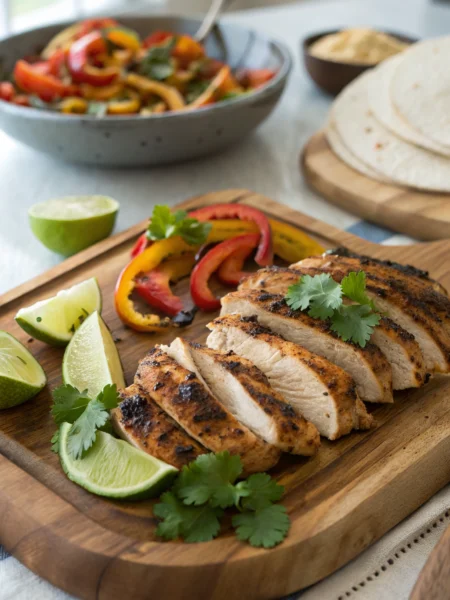 Chicken fajita marinade with grilled chicken strips, bell peppers, onions on rustic wooden board in inviting kitchen setting.
