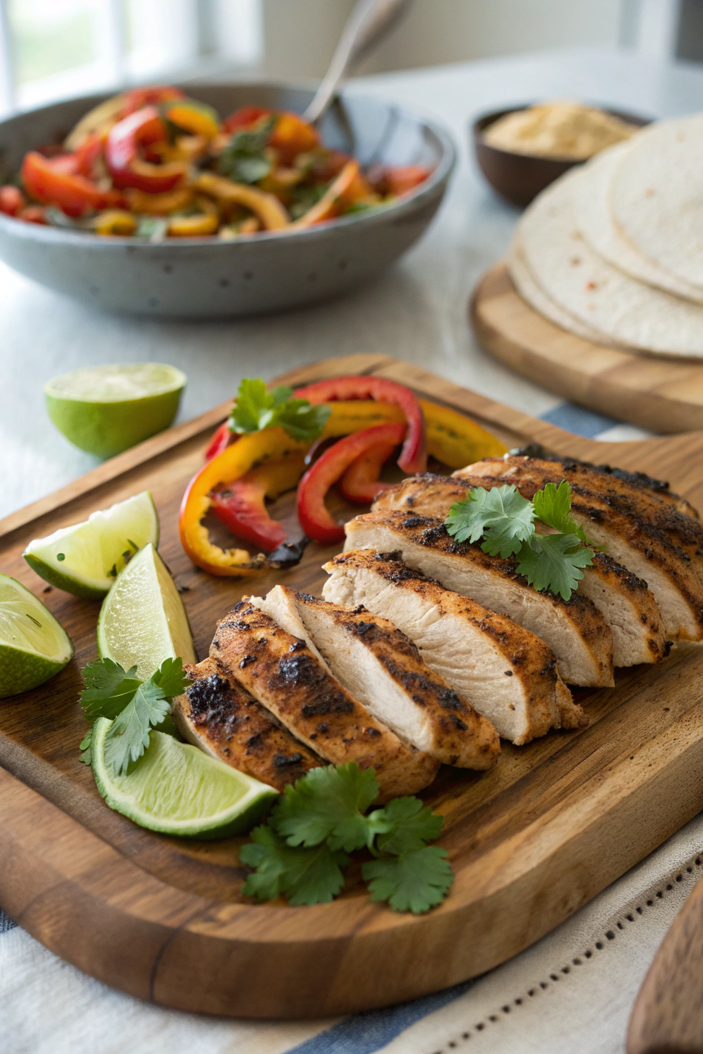 Chicken fajita marinade with grilled chicken strips, bell peppers, onions on rustic wooden board in inviting kitchen setting.