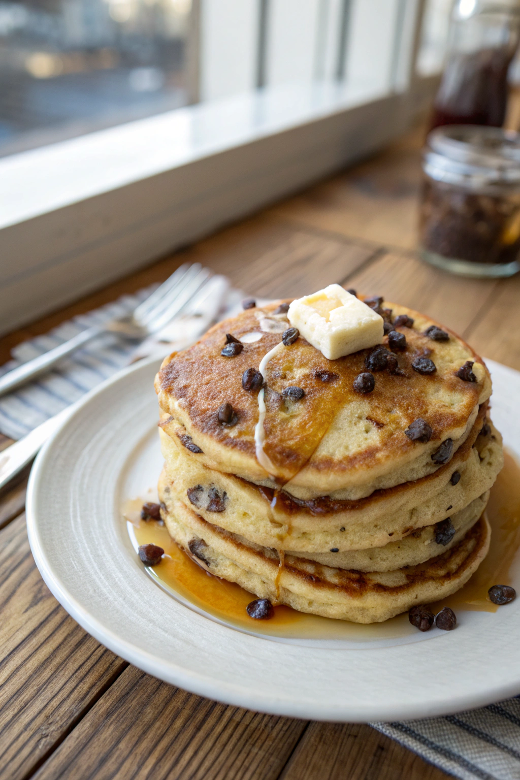 Chocolate chip pancake recipe with fluffy golden pancakes, melted chocolate chips, butter, and syrup on rustic wooden table
