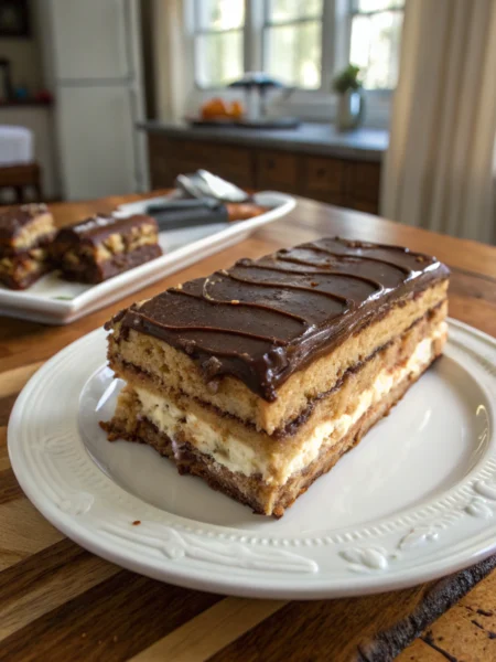 Chocolate eclair cake with graham crackers and vanilla cream, perfect layers shown in glossy chocolate ganache topped slice.