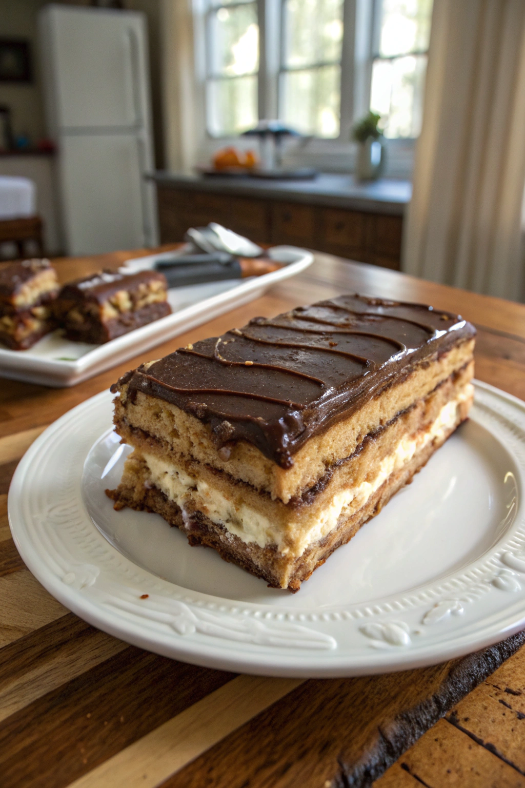 Chocolate eclair cake with graham crackers and vanilla cream, perfect layers shown in glossy chocolate ganache topped slice.