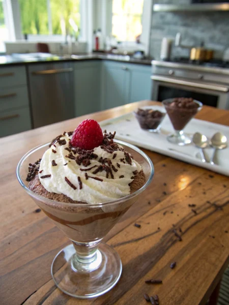 Chocolate mousse dessert with whipped cream and dark chocolate shavings, fresh raspberry garnish in glass cup.