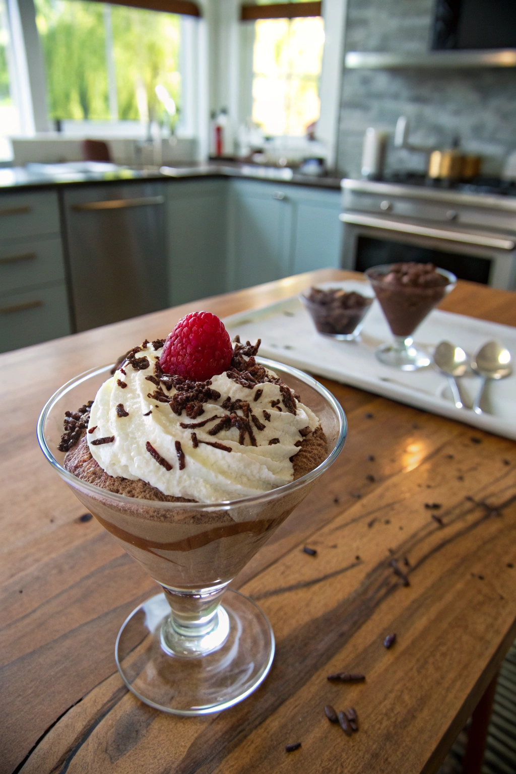 Chocolate mousse dessert with whipped cream and dark chocolate shavings, fresh raspberry garnish in glass cup.