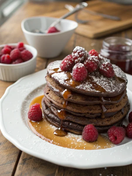 Chocolate pancake stack drizzled with syrup, topped with raspberries on a rustic table, creating a warm and inviting ambiance.