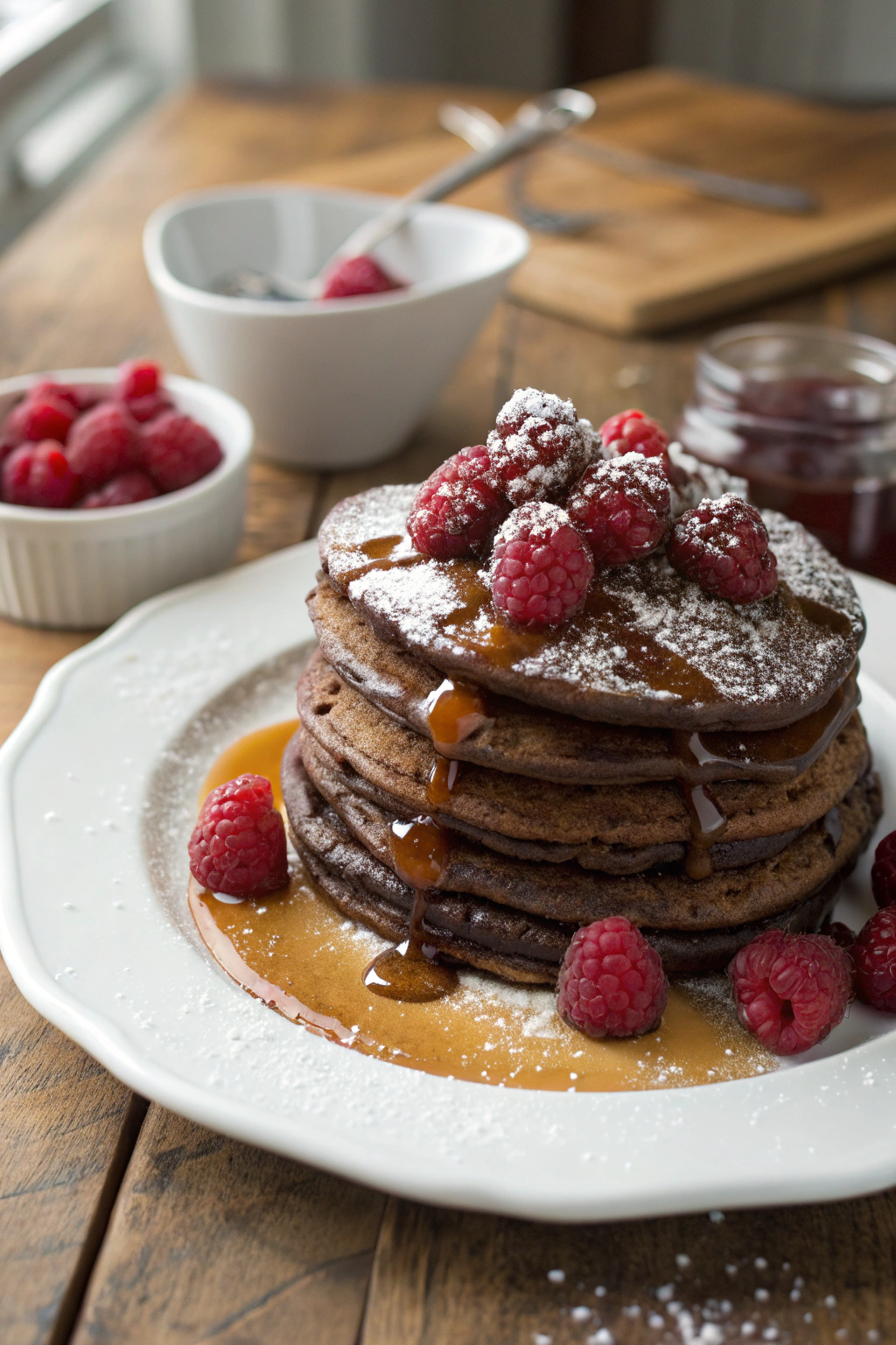 Chocolate pancake stack drizzled with syrup, topped with raspberries on a rustic table, creating a warm and inviting ambiance.