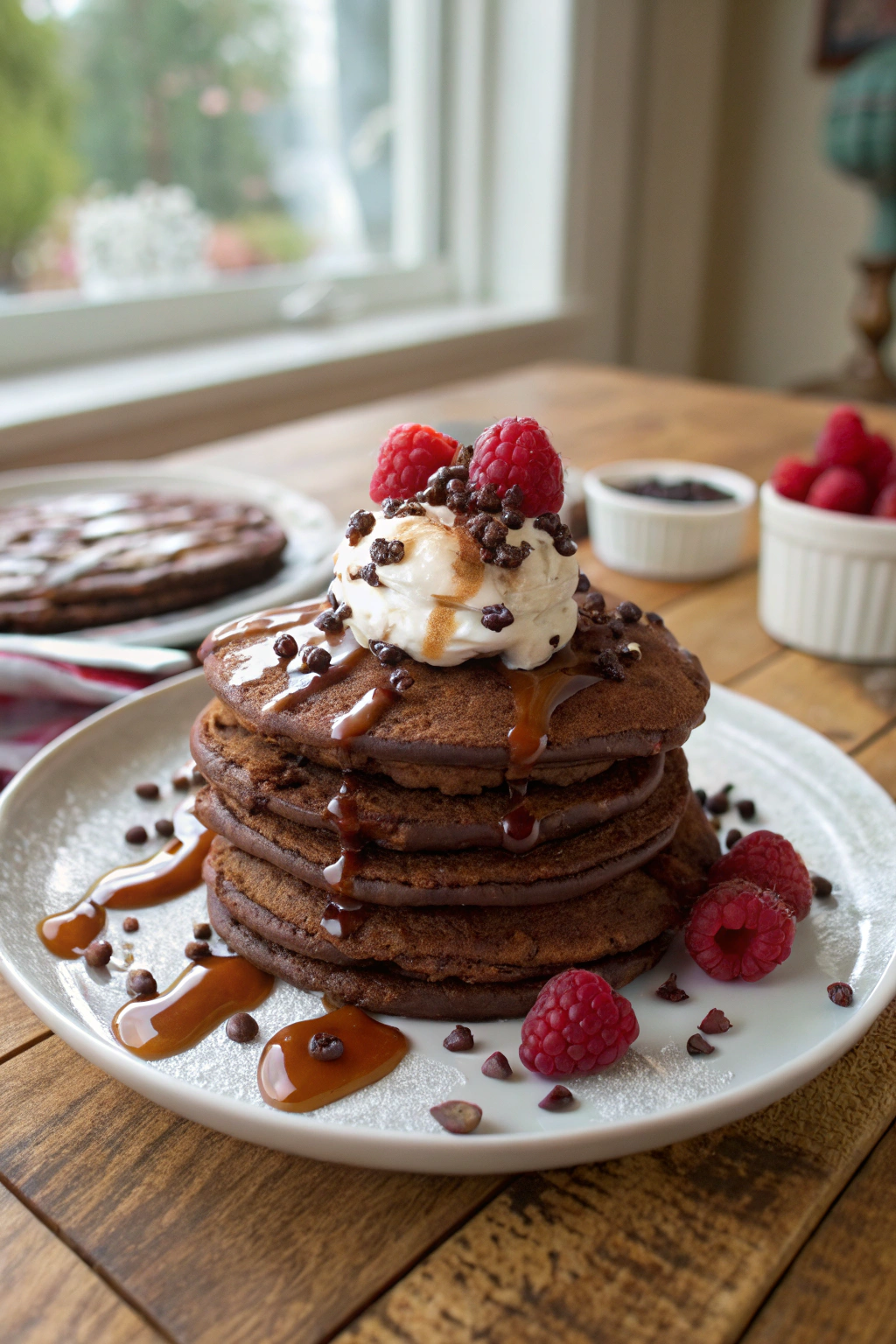 Chocolate pancake recipe with raspberries, drizzled maple syrup on a stack of fluffy chocolate pancakes topped with whipped cream.