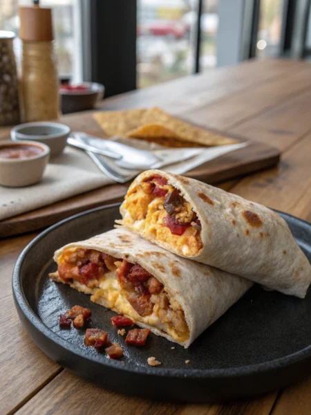 Chorizo breakfast burrito stuffed with eggs, melted cheese. Diagonally cut, showing cross-section of delicious fillings in appetizing photo.