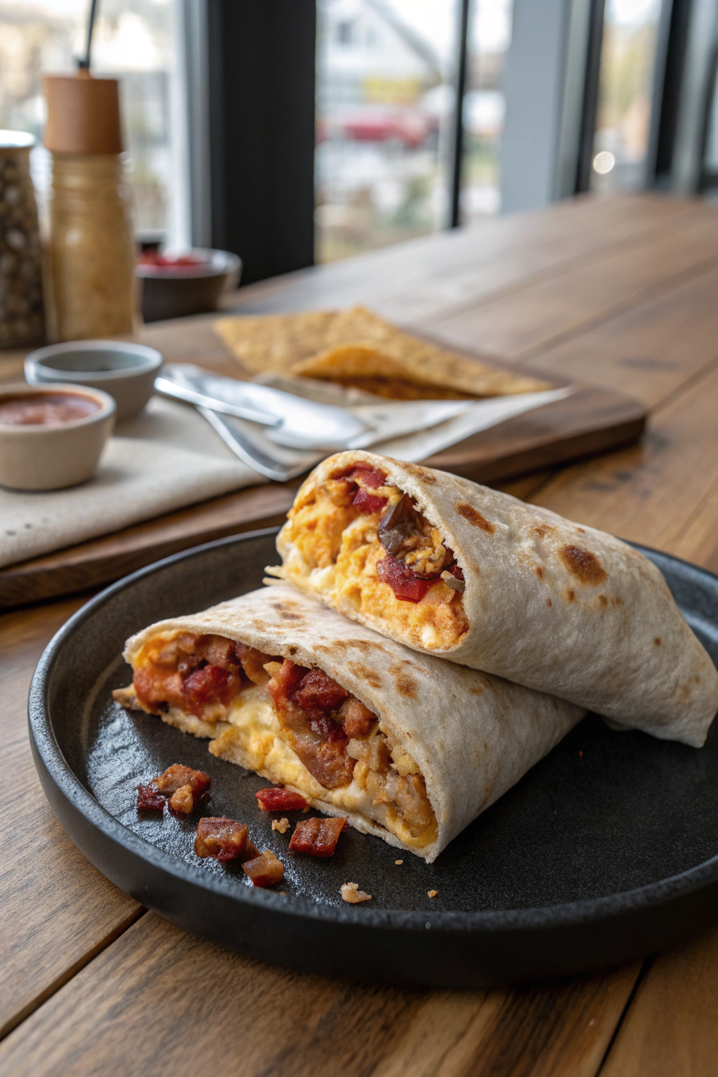 Chorizo breakfast burrito stuffed with eggs, melted cheese. Diagonally cut, showing cross-section of delicious fillings in appetizing photo.