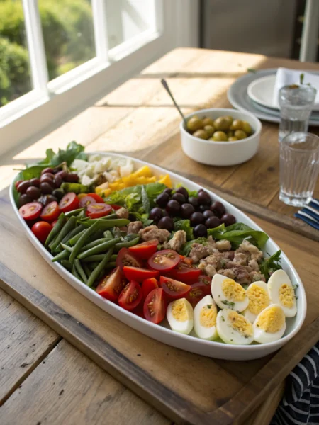 Classic Nicoise Salad with tuna, eggs, olives, arranged artfully on white plate, fresh summer salad on rustic table.