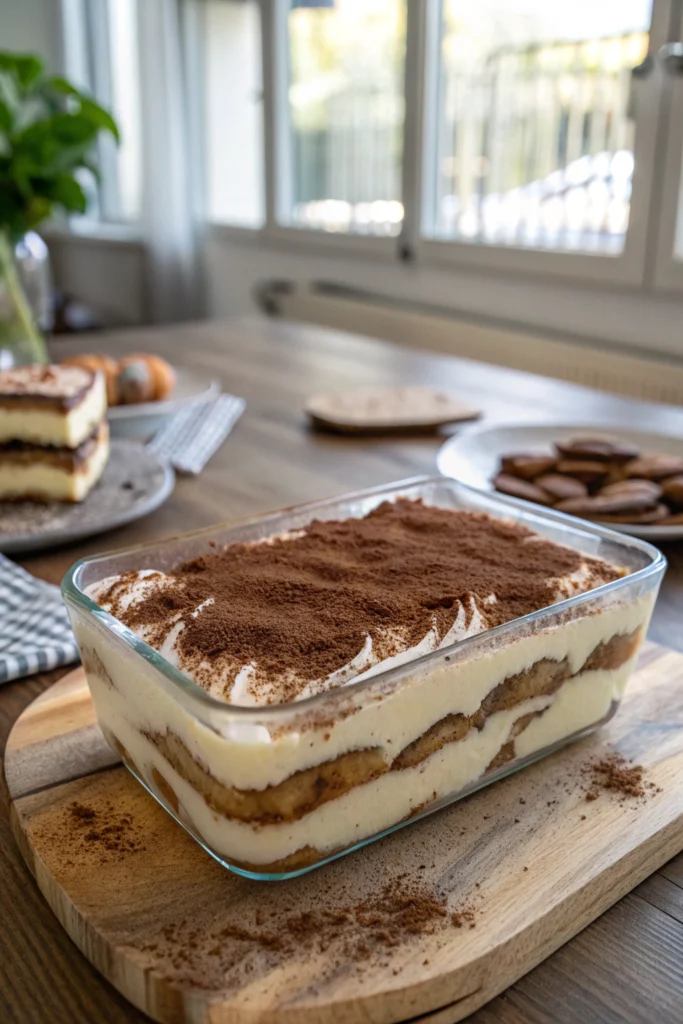 Classic tiramisu recipe with ladyfingers, creamy mascarpone, coffee-soaked layers, dusted cocoa powder in glass dish on wooden table.