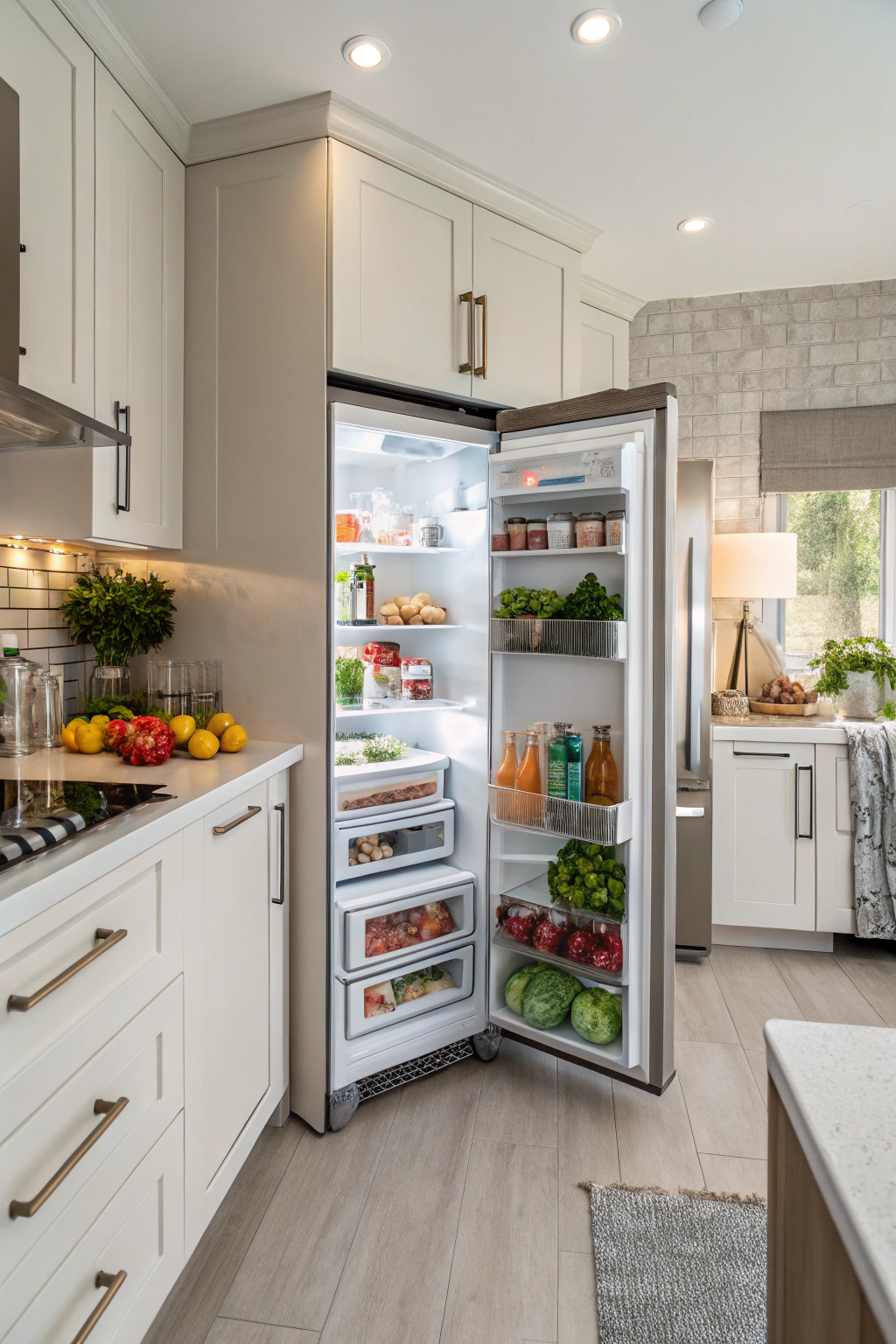 Clean fridge tips - immaculately organized fresh produce, crisp lighting, artistic kitchen scene.