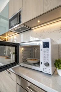 Clean Microwave: Sparkling Interior Shot, Pro Food Photography, Cinematic Lighting, Soft Shadows, Stainless Steel Appliance
