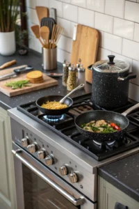 Clean stove sparkling utensils arranged artfully, professional food photography shot, soft shadows.