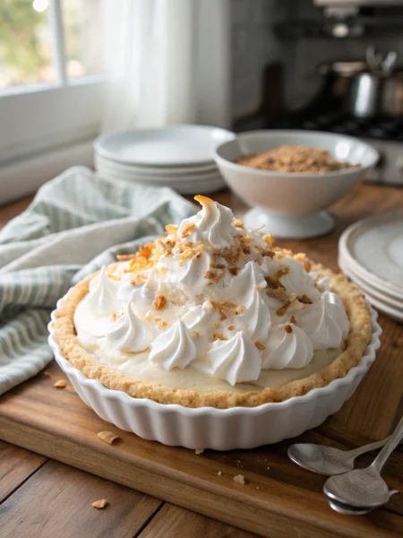 Coconut cream pie with swooping whipped cream peaks, toasted coconut flakes, on rustic wooden table
