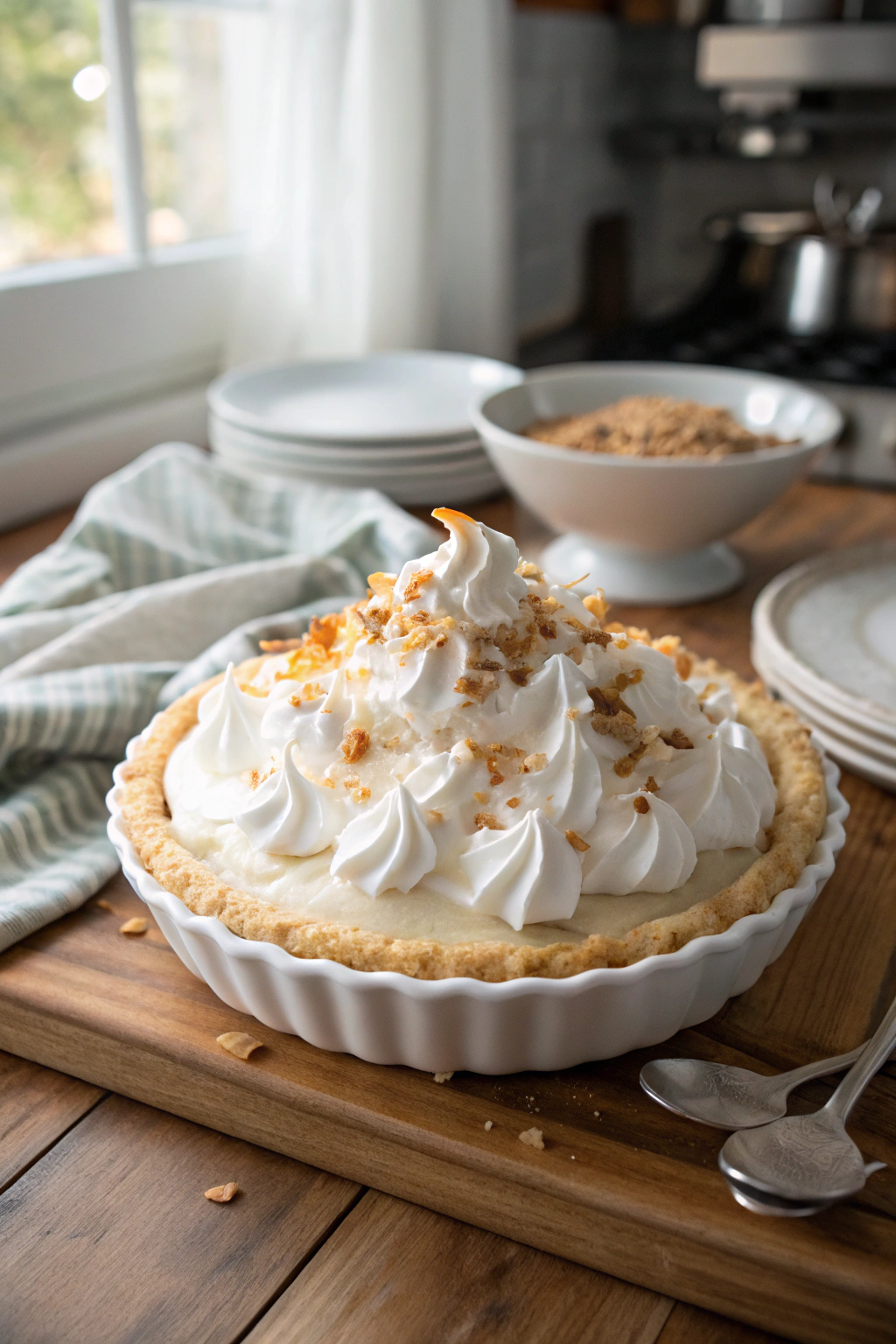 Coconut cream pie with swooping whipped cream peaks, toasted coconut flakes, on rustic wooden table