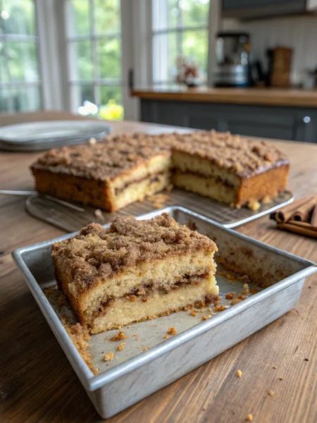 Coffee cake recipe: Moist cake slice with cinnamon streusel topping, captured at 45-degree angle in rustic kitchen setting.