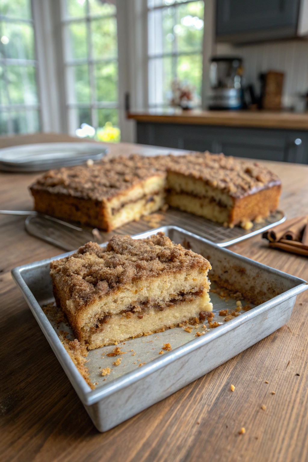 Coffee cake recipe: Moist cake slice with cinnamon streusel topping, captured at 45-degree angle in rustic kitchen setting.