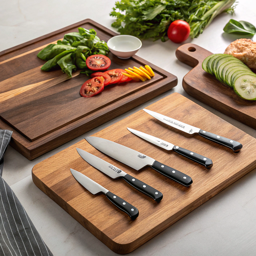 Cooking equipment starter knife set and cutting boards on wooden surface, showcasing sharp knives and smooth wood for meal prep.