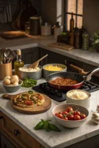 Cooking methods showcased in a vibrant kitchen scene with various ingredients; pro food photography of different cooking techniques.