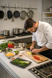 Cooking techniques guide: sautéing vegetables in pan, vibrant colors, dynamic action shot.