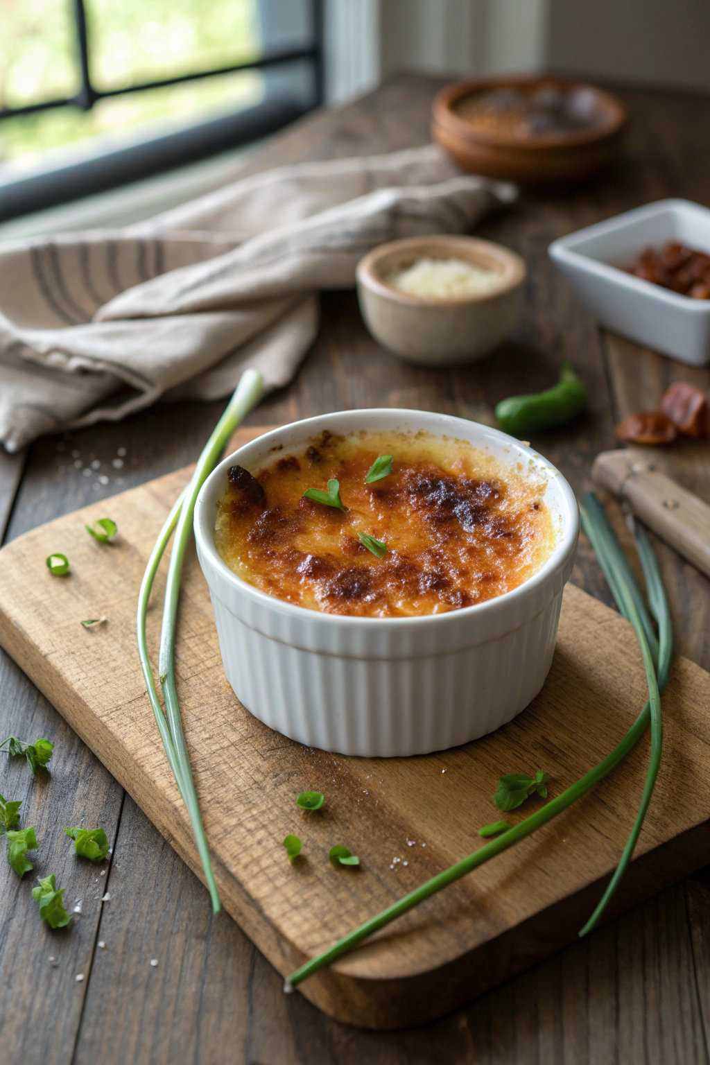 Crab brulee recipe with golden caramelized top and chives, served in a white ramekin on a rustic wooden table