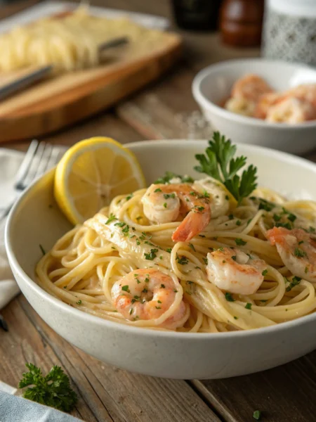Shrimp pasta with perfectly cooked jumbo shrimp, fresh herbs, and garlic sauce served on a white ceramic plate