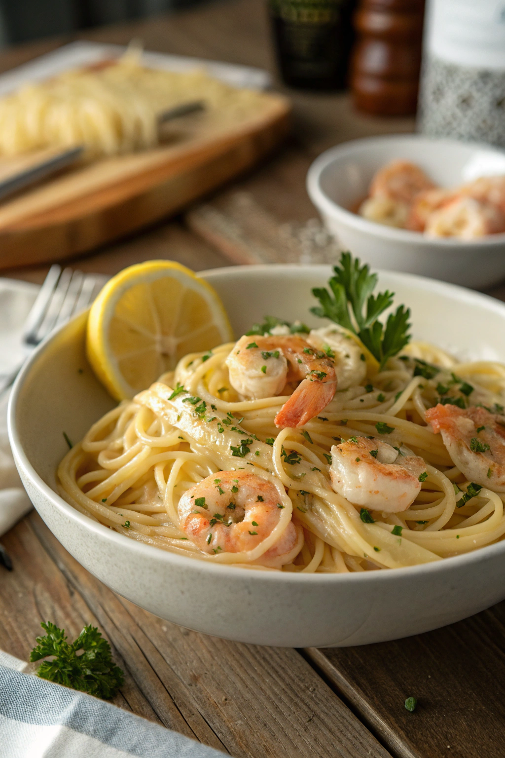 Shrimp pasta with perfectly cooked jumbo shrimp, fresh herbs, and garlic sauce served on a white ceramic plate
