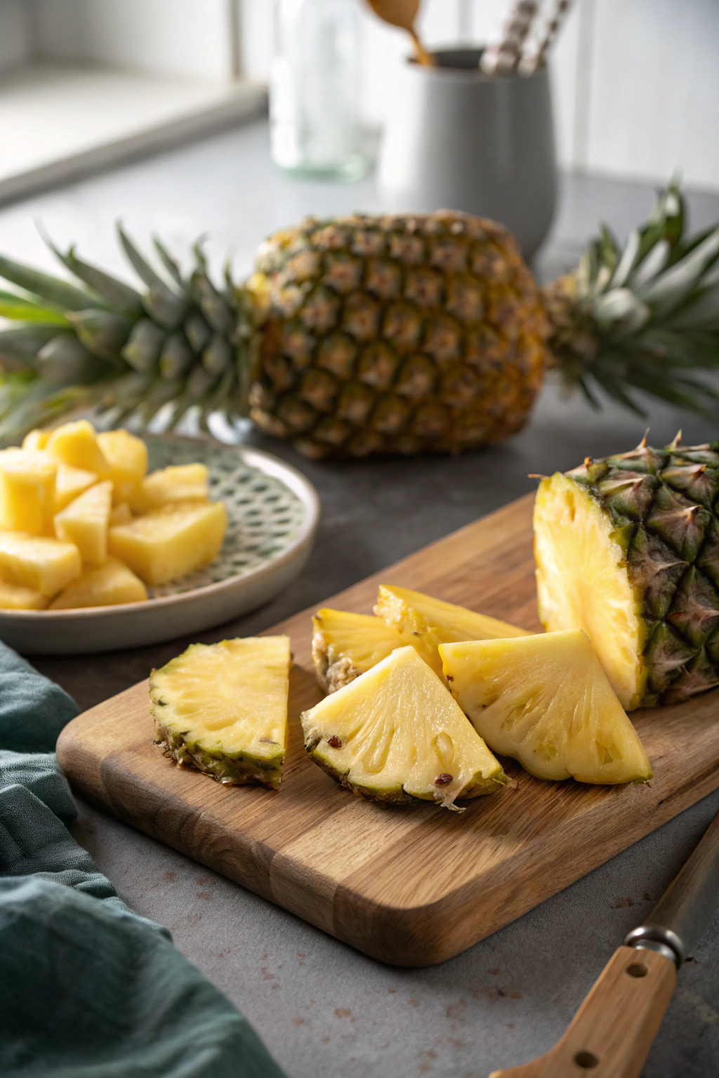 Cut pineapple recipe: Vibrant sliced pineapple pieces on wood surface, kitchen scene photography.