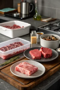 Defrost meat: Beef, chicken, pork on counter awaiting thawing techniques. Styled kitchen scene with various thawing methods.