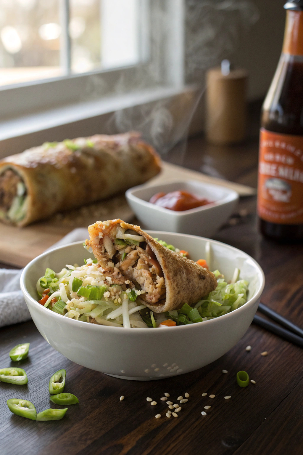 Egg roll in a bowl with cabbage slaw and pork, steaming in ceramic bowl on wooden table