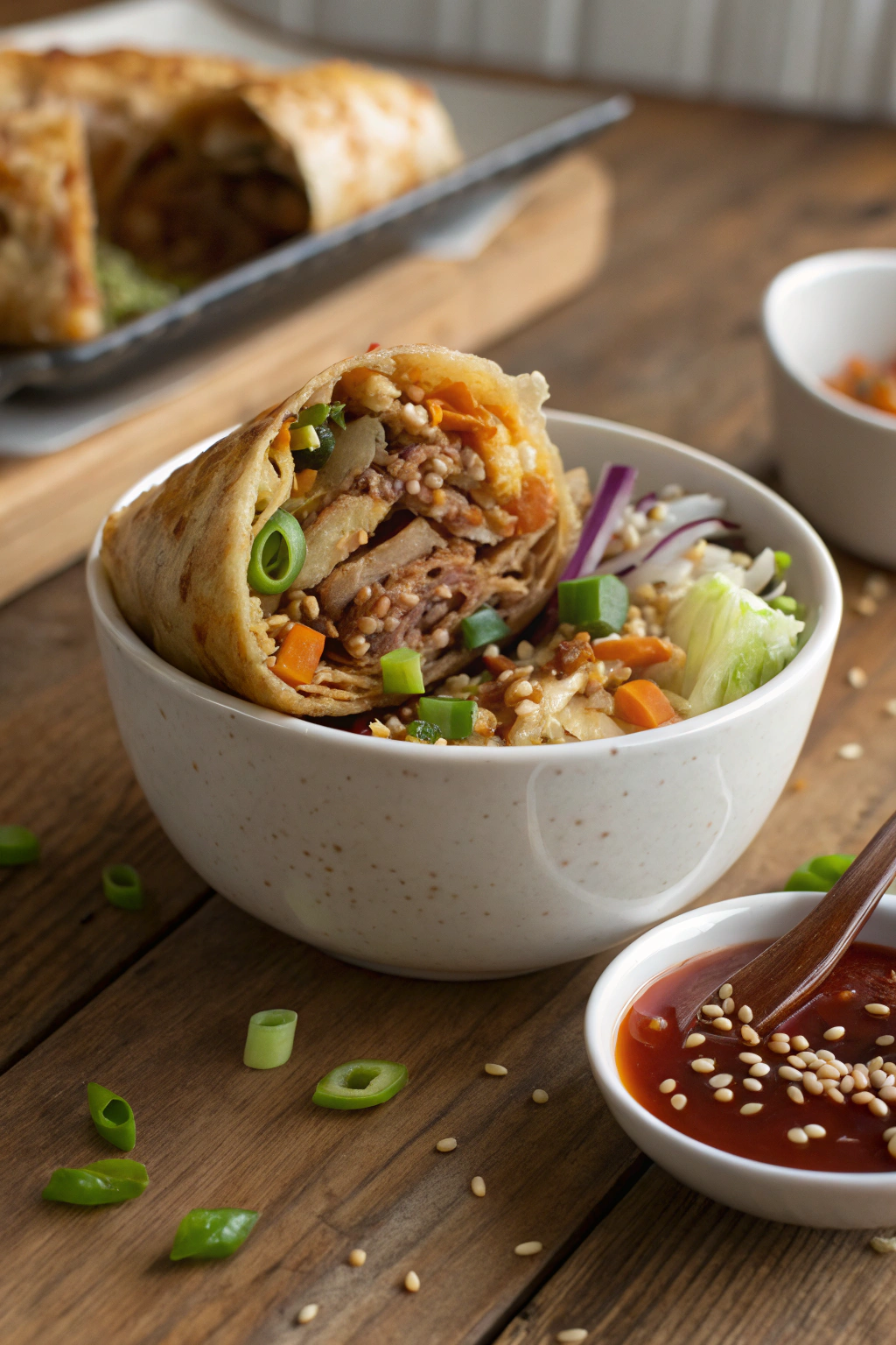 Egg roll in a bowl recipe showing browned pork, cabbage, green onions, and sesame seeds in a ceramic bowl