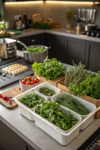 Fresh herb storage containers: vibrant herbs in glass jars, ceramic containers on wooden surface, visually appealing kitchen scene.