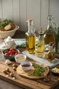 Frying Oil photo shows cooking oils artfully arranged on rustic wooden table with cinematic lighting and soft shadows.