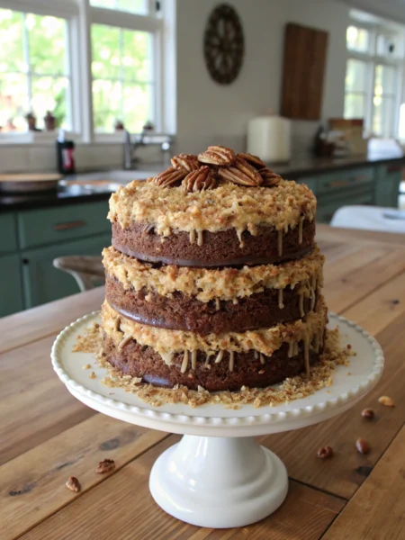 German Chocolate Cake shows 3 layers with cascading coconut-pecan frosting. Rustic wooden table in modern kitchen with natural light.