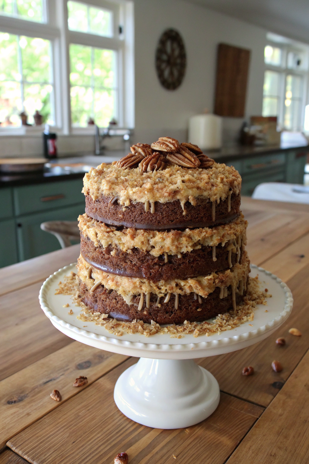 German Chocolate Cake shows 3 layers with cascading coconut-pecan frosting. Rustic wooden table in modern kitchen with natural light.