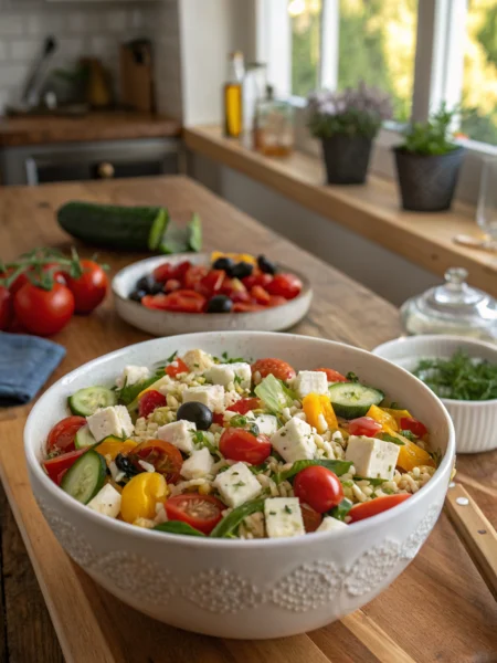 Greek Orzo Salad photo: vibrant orzo, feta, herbs in rustic bowl on wooden table, inviting kitchen scene