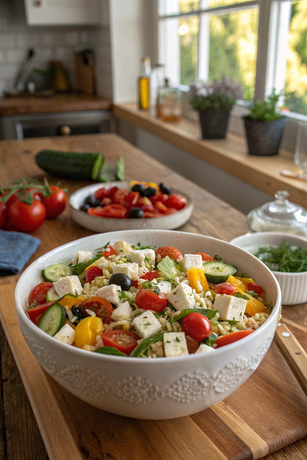 Greek Orzo Salad photo: vibrant orzo, feta, herbs in rustic bowl on wooden table, inviting kitchen scene