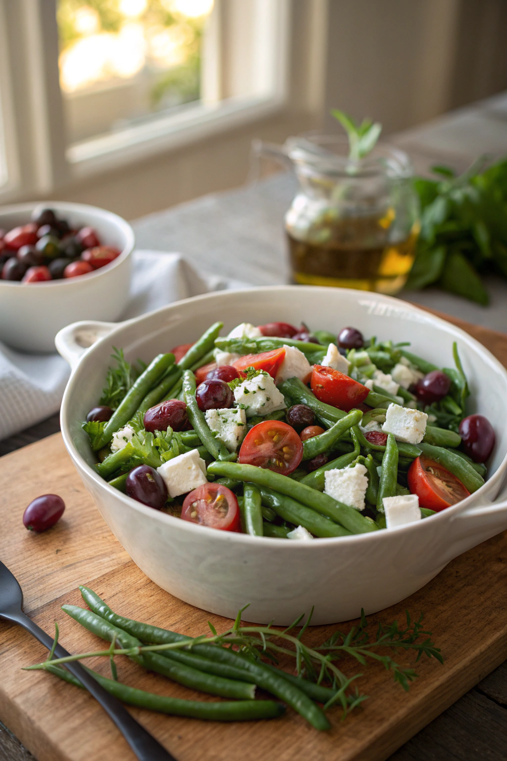 Green bean salad with vibrant beans, tomatoes, olives, feta in ceramic bowl on rustic table. Colorful layers, fresh herbs, warm lighting.