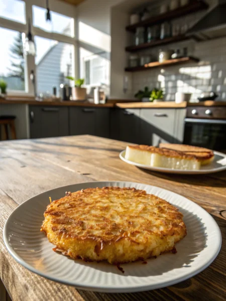 Griddle hashbrowns with crispy potatoes, onions in a fluffy golden-brown patty on a rustic wood table.