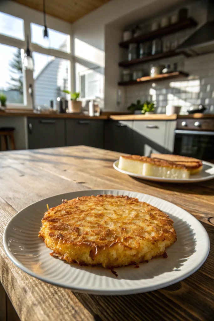 Griddle hashbrowns with crispy potatoes, onions in a fluffy golden-brown patty on a rustic wood table.